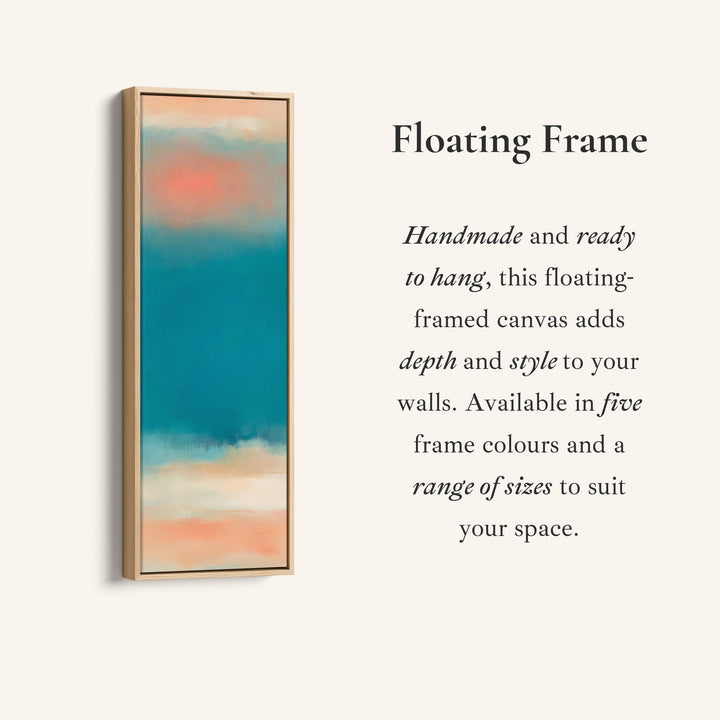 Corner detail of the Hallway Wall Art Vertical Teal Sea Abstract with Peach Horizon canvas in a floating frame
