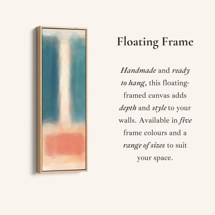 Corner detail of the Teal and Peach Abstract Tall Narrow Wall Art for Bedroom canvas in a floating frame