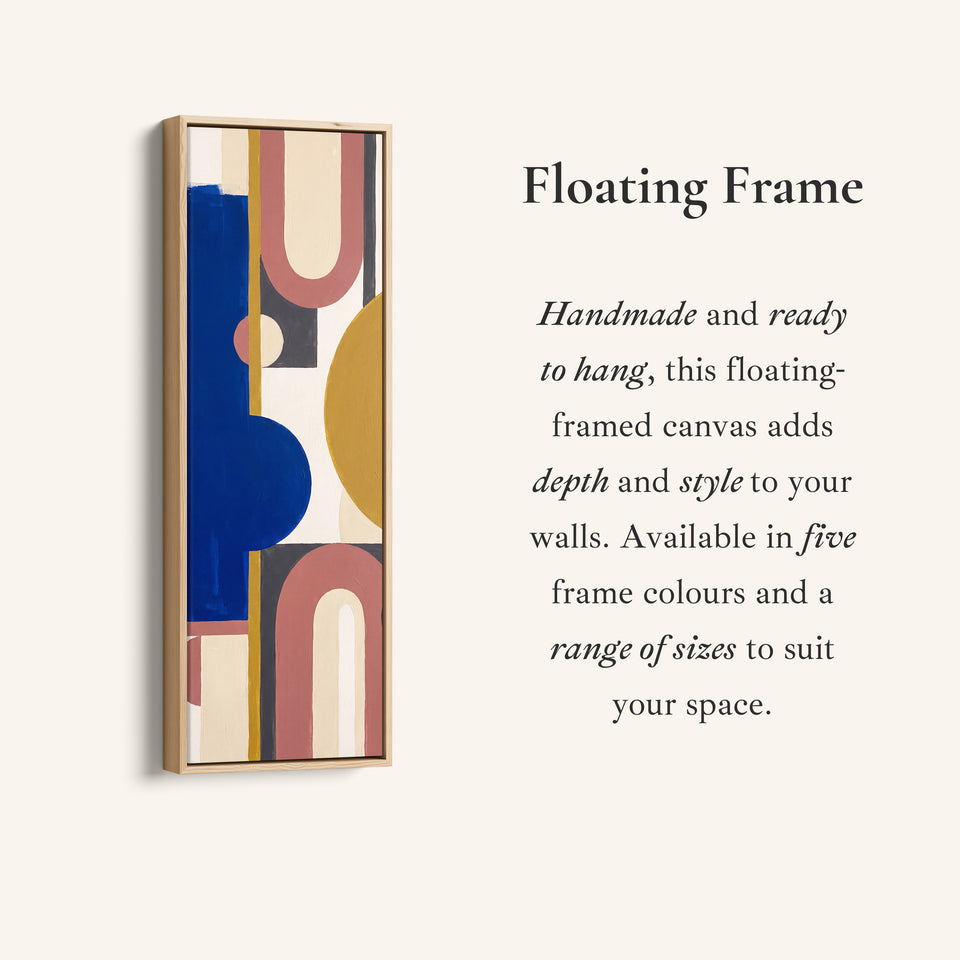 Corner detail of the Bold Bauhaus Arches Vertical Wall Art in Cobalt Blue for Living Room canvas in a floating frame