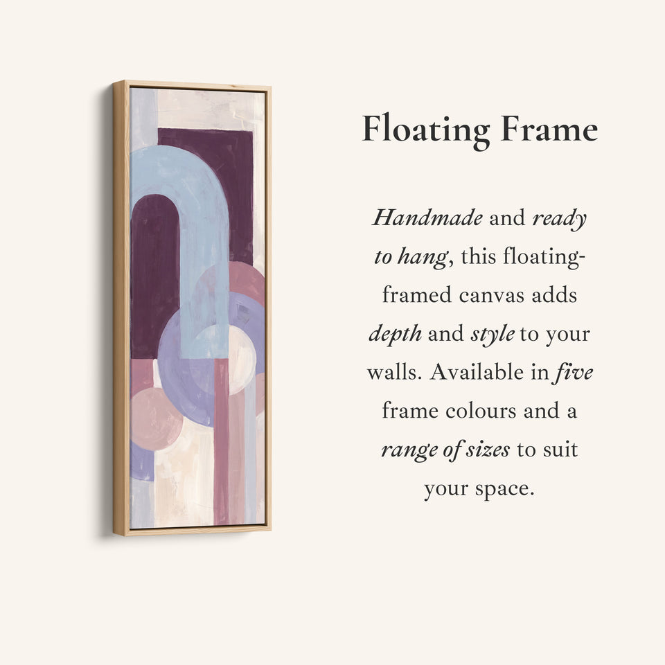 Corner detail of the Bedroom Wall Art Tall Bauhaus Arches in Lilac and Plum canvas in a floating frame