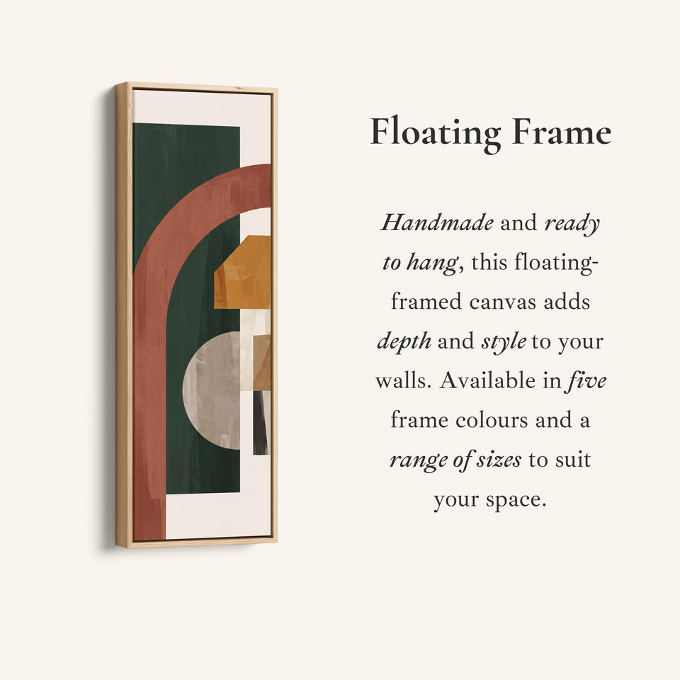 Corner detail of the Long Narrow Wall Art Rust Arch on Forest Green Bauhaus for Office canvas in a floating frame
