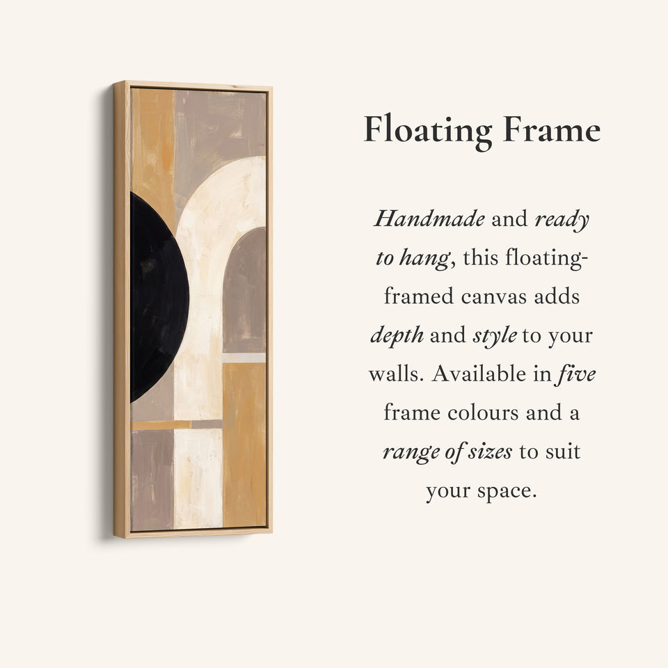 Corner detail of the Neutral Bauhaus Arches Tall Narrow Wall Art for Hallway canvas in a floating frame