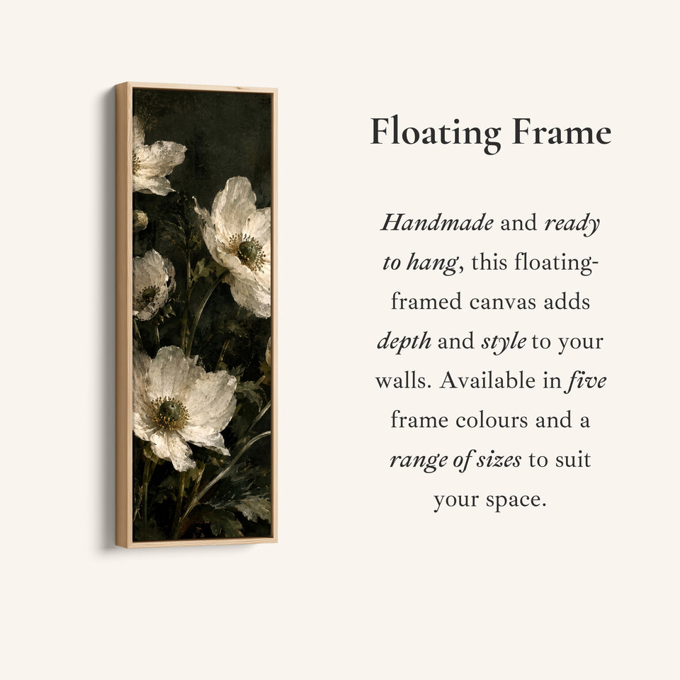 Corner detail of the Tall Narrow Wall Art White Anemones Vintage Still Life for Dining Room canvas in a floating frame