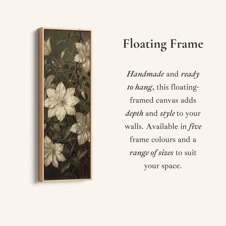 Corner detail of the White Clematis on Dark Vertical Wall Art Vintage Botanical for Living Room canvas in a floating frame