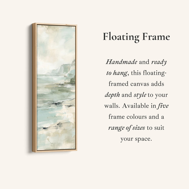 Corner detail of the Calm Coastal Cliffs and Sea Tall Wall Art for Bedroom canvas in a floating frame