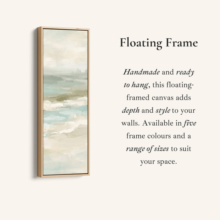 Corner detail of the Hallway Wall Art Tall Narrow Misty Seascape in Sage and Sand canvas in a floating frame
