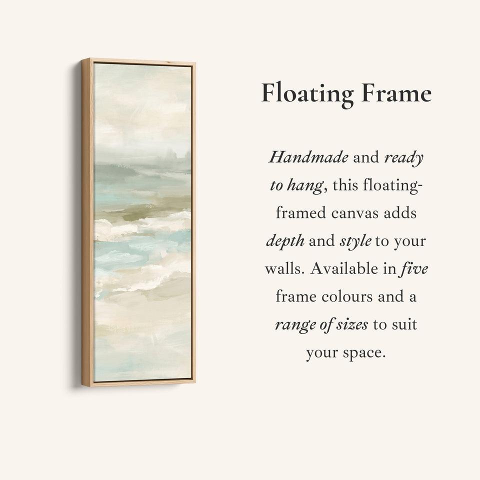 Corner detail of the Hallway Wall Art Tall Narrow Misty Seascape in Sage and Sand canvas in a floating frame