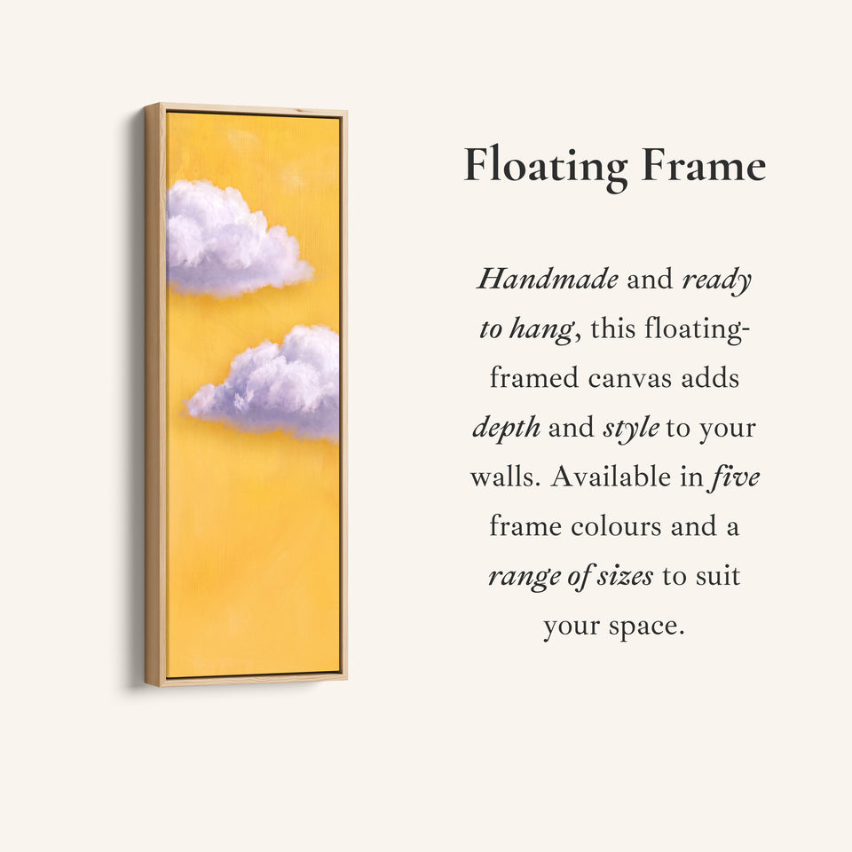 Corner detail of the Vertical Wall Art Lilac Clouds on Yellow for Kids Room canvas in a floating frame