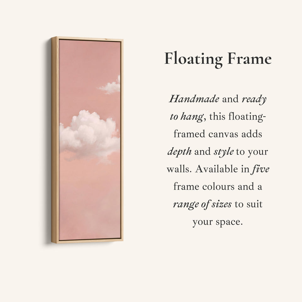 Corner detail of the Clouds on Blush Pink Tall Wall Art for Bedroom canvas in a floating frame