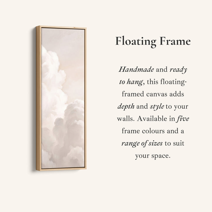 Corner detail of the Soft Neutral Billowing White Clouds Tall Narrow Wall Art for Living Room canvas in a floating frame