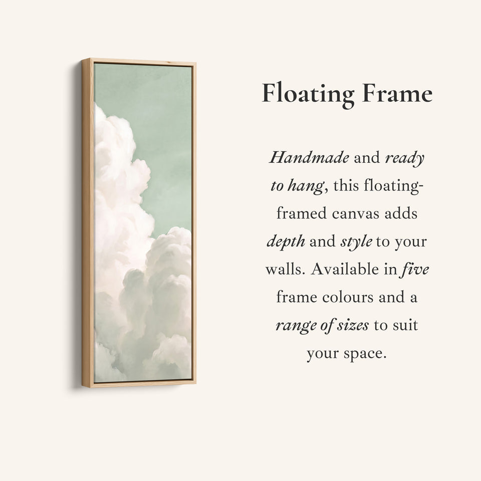 Corner detail of the Bedroom Wall Art Vertical White Clouds on a Mint Sky canvas in a floating frame
