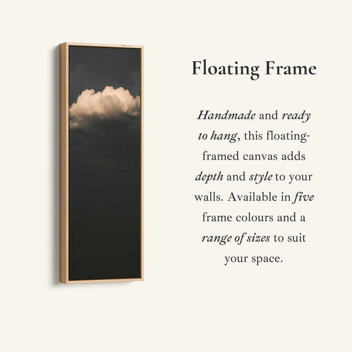 Corner detail of the Tall Wall Art Single Cloud on Charcoal Minimalist for Office canvas in a floating frame