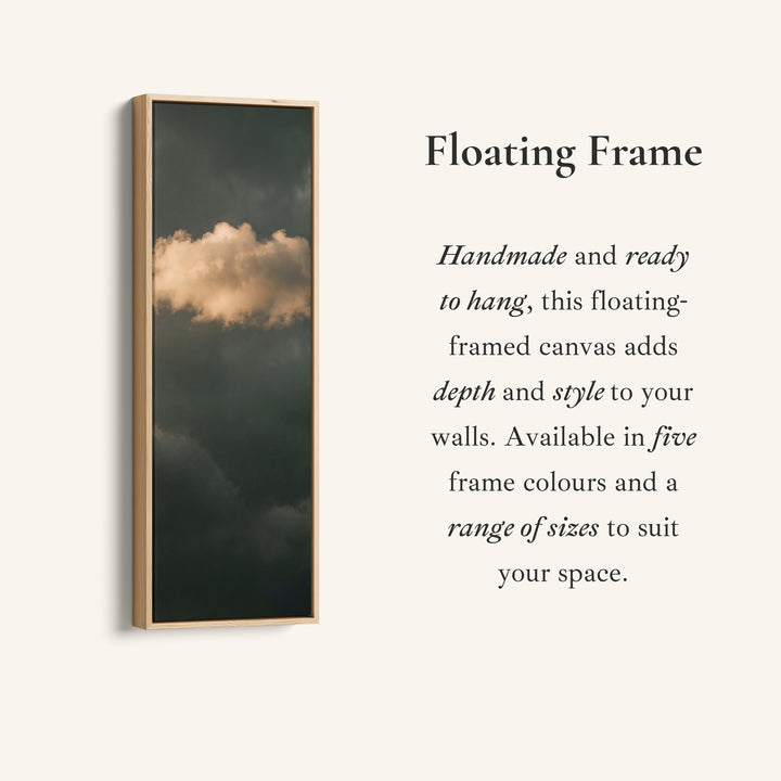 Corner detail of the Golden Cloud on Dark Green Tall Narrow Wall Art for Living Room canvas in a floating frame