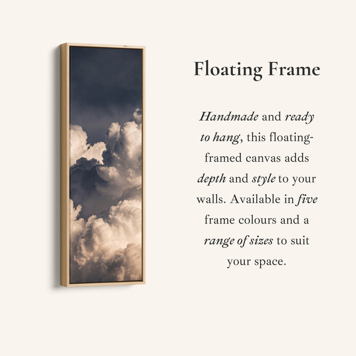 Corner detail of the Dramatic Storm Clouds at Dusk Vertical Wall Art for Hallway canvas in a floating frame