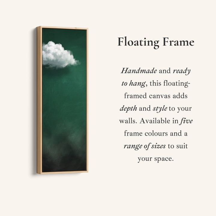 Corner detail of the Living Room Wall Art Tall White Cloud on Emerald Green canvas in a floating frame