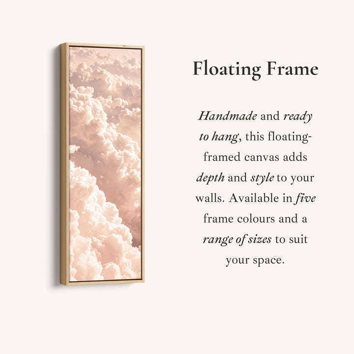 Corner detail of the Long Narrow Wall Art Blush Pink Cloudscape for Bedroom canvas in a floating frame