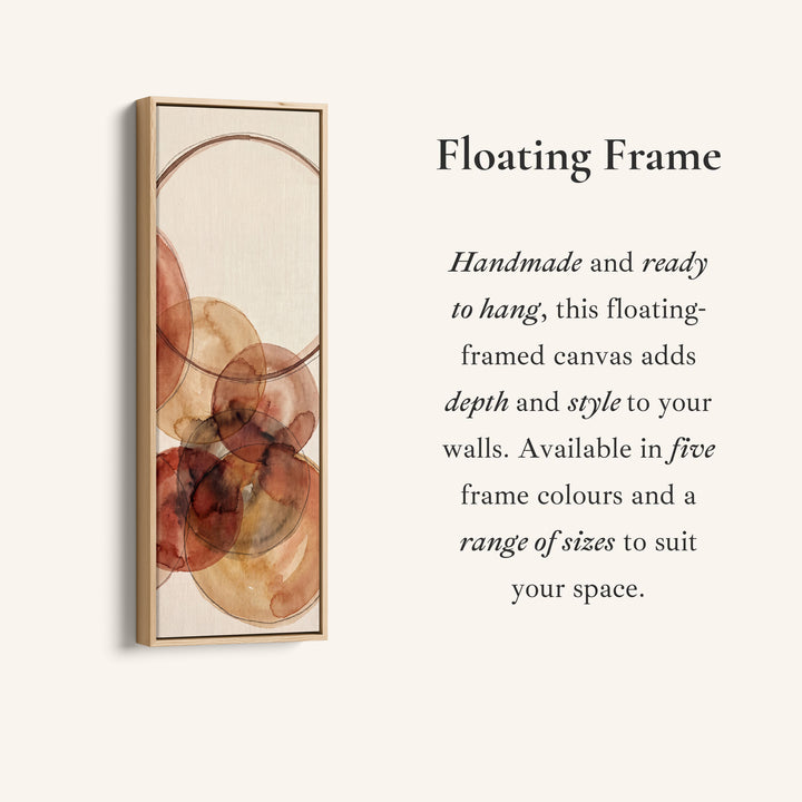Corner detail of the Warm Earthy Watercolor Circles Tall Narrow Wall Art for Living Room canvas in a floating frame