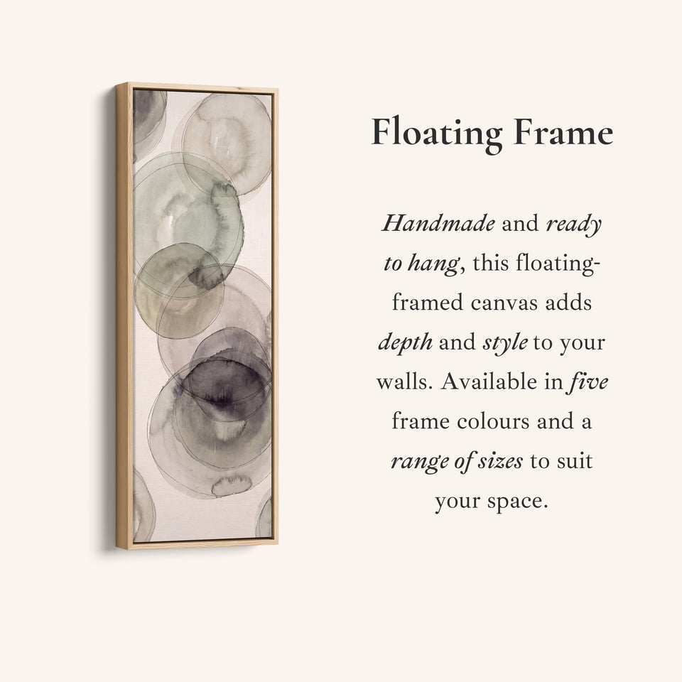 Corner detail of the Office Wall Art Vertical Grey Watercolor Circles Abstract canvas in a floating frame