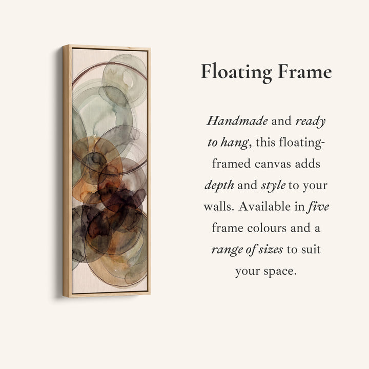 Corner detail of the Tall Wall Art Rust and Sage Watercolor Circles Abstract for Dining Room canvas in a floating frame