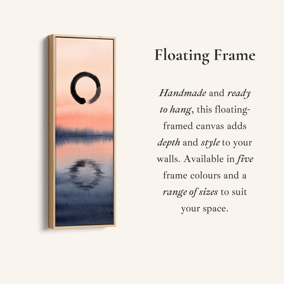 Corner detail of the Enso Circle Over a Sunset Lake Tall Narrow Wall Art Japanese Style canvas in a floating frame