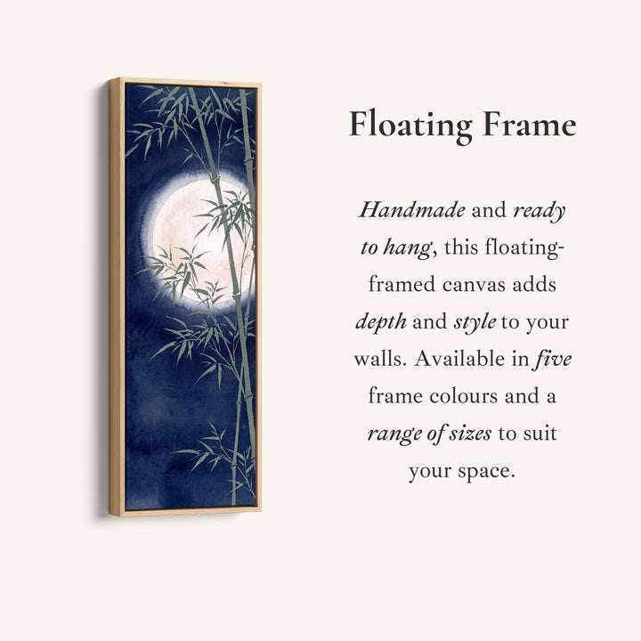 Corner detail of the Peaceful Japanese Bamboo and Full Moon Vertical Wall Art for Bedroom canvas in a floating frame