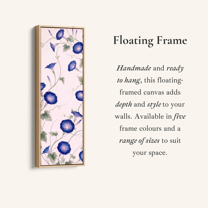 Corner detail of the Living Room Wall Art Tall Narrow Blue Morning Glory Vines canvas in a floating frame
