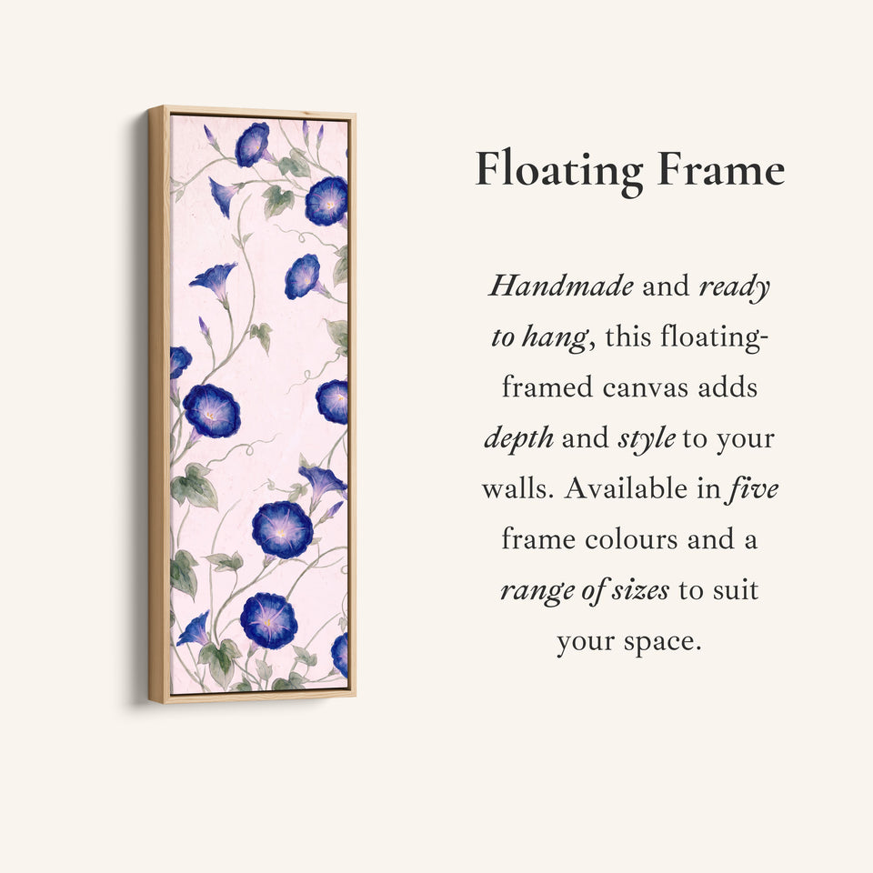 Corner detail of the Living Room Wall Art Tall Narrow Blue Morning Glory Vines canvas in a floating frame
