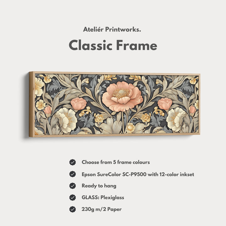 Vintage Floral Pattern Large Framed Canvas Long Narrow Horizontal Wall Art - H0083