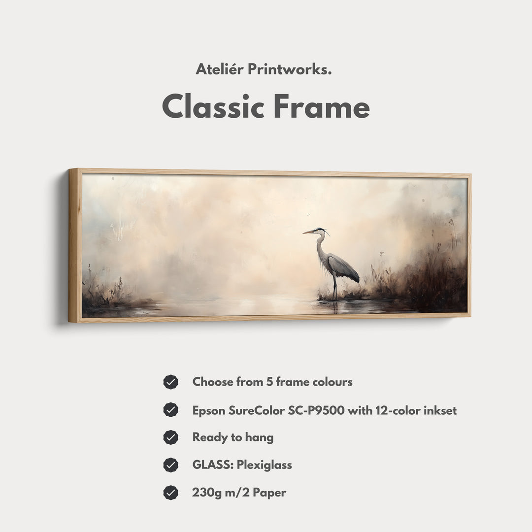 Vintage Heron Long Horizontal Skinny Framed Canvas - H0199