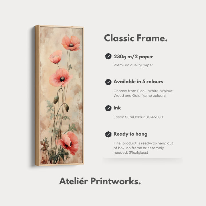 Vertical Long Wall Art Vintage Poppies Large Canvas Decor - V0077
