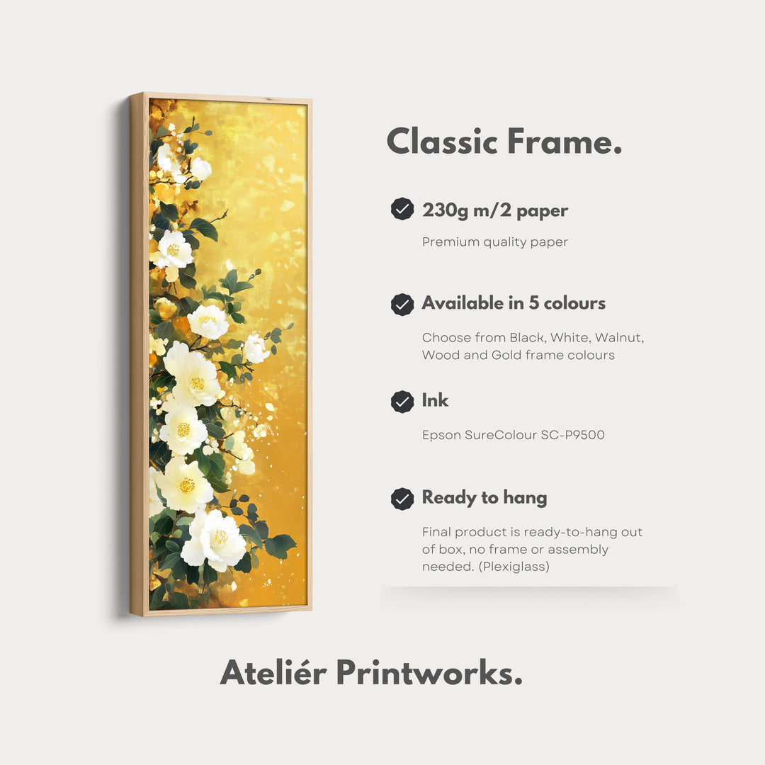 Vertical White & Gold Floral Long Framed Canvas Decor - V0204