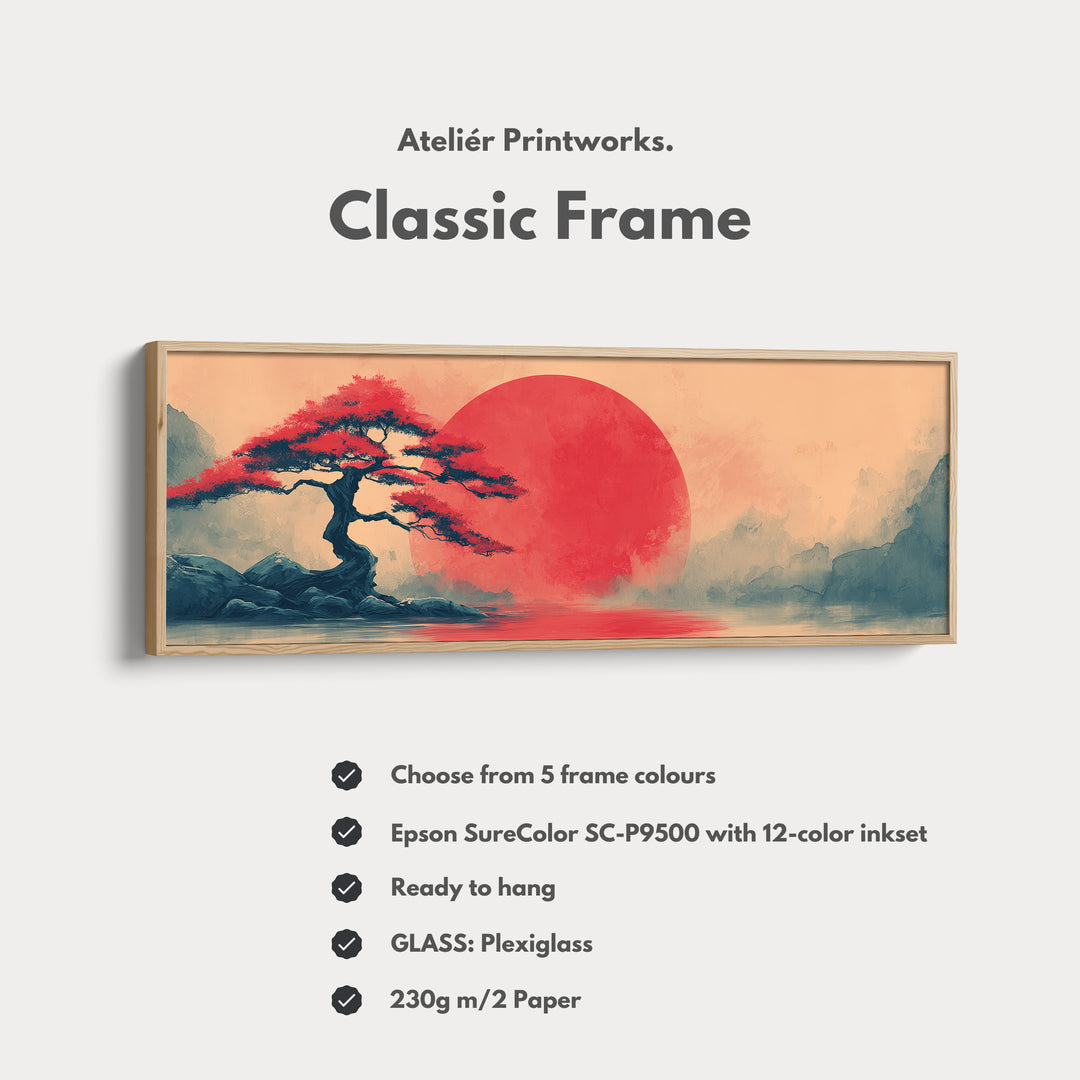 Bonsai Tree with Red Sun – Long Narrow Japanese Landscape Canvas - Japandi Wall Art