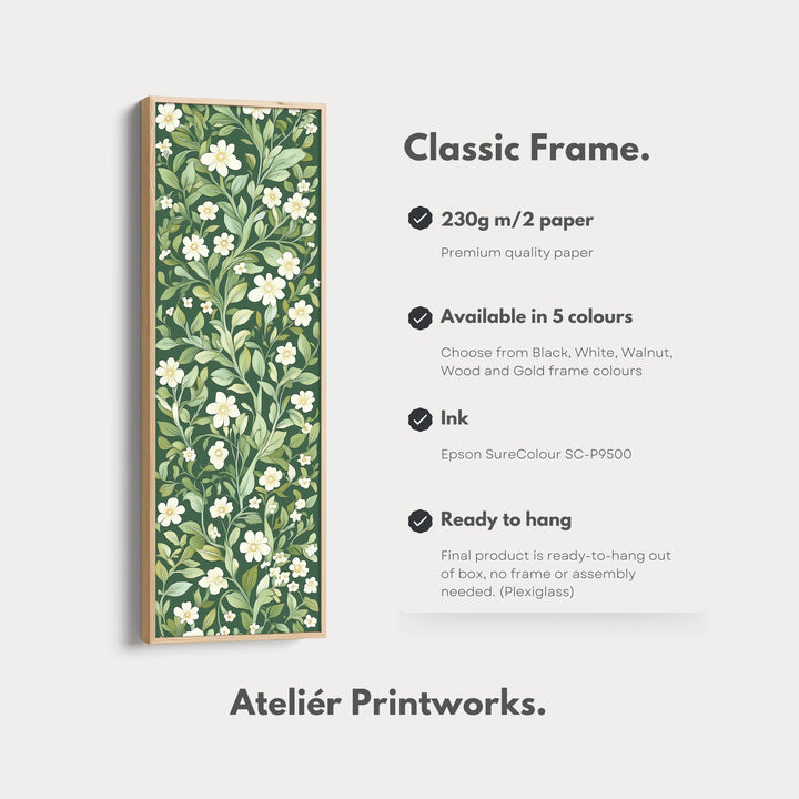 Framed Canvas Narrow Vertical White & Green Floral - V0239