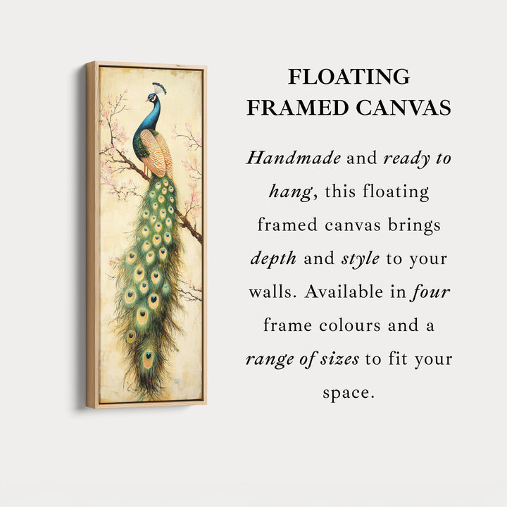 Grand tableau sur toile représentant un paon, encadré, décoration murale verticale.