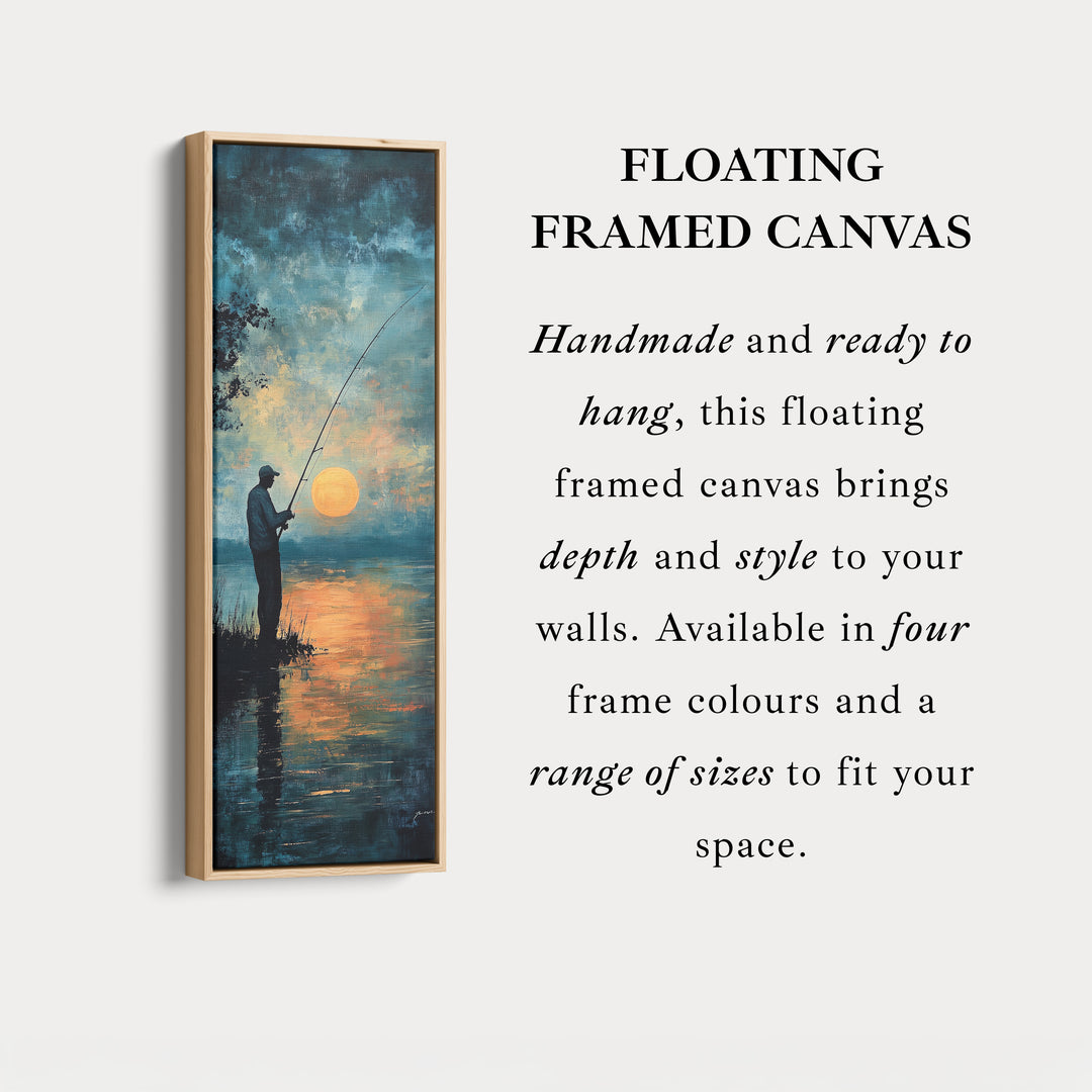 Grande toile murale verticale et étroite représentant un coucher de soleil et un pêcheur.