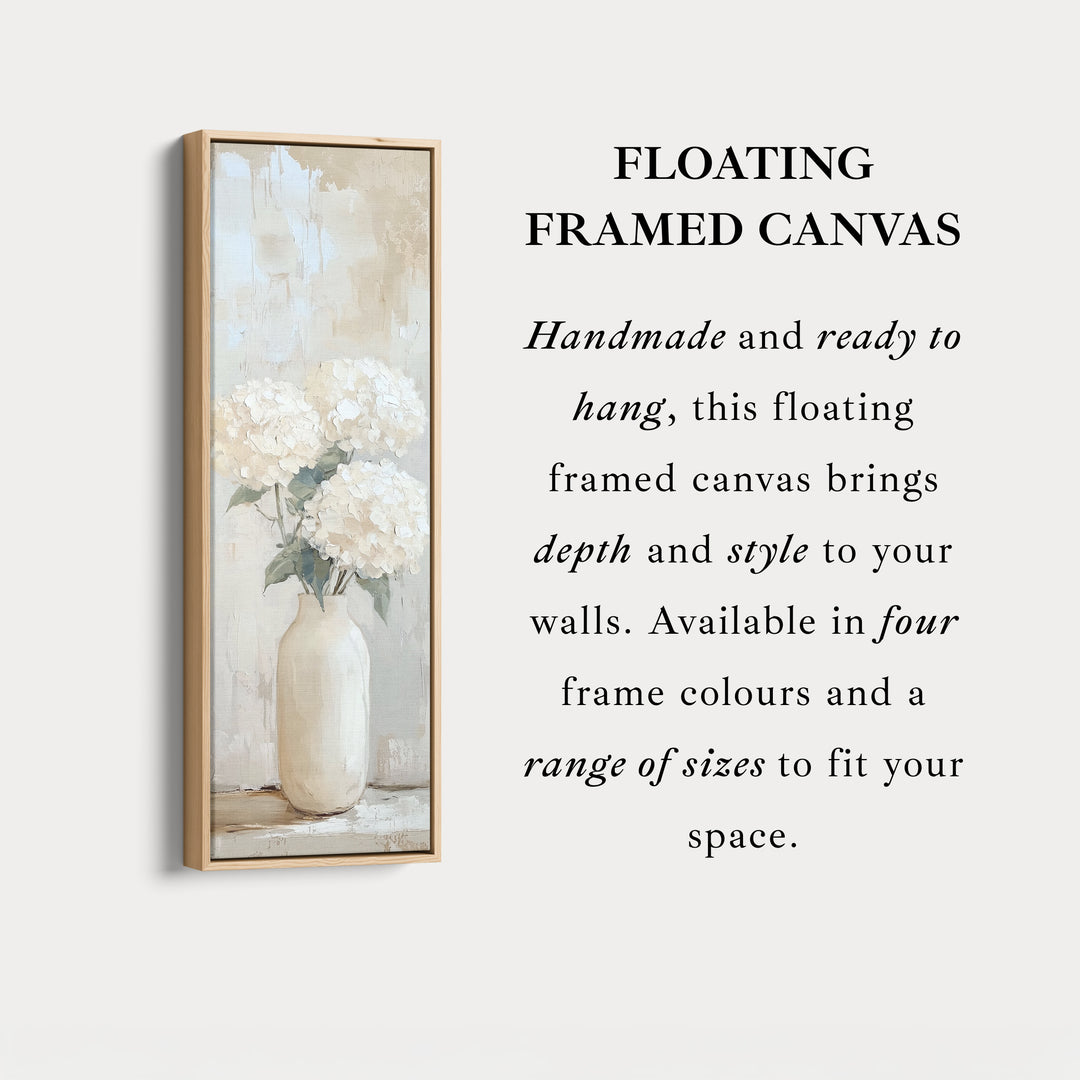 Tall Vertical Framed Canvas Beige Hydrangeas
