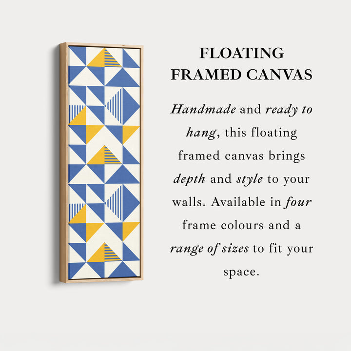 Retro Blue and Yellow Triangles Vertical Framed Canvas Wall Art for Bedroom or Hallway