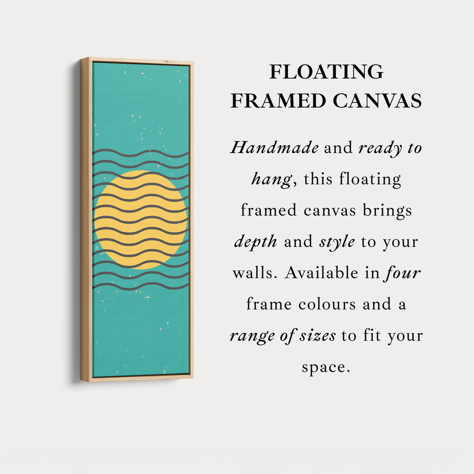 Teal and Yellow Minimalist Sun Vertical Framed Canvas Wall Art for Hallway or Bedroom