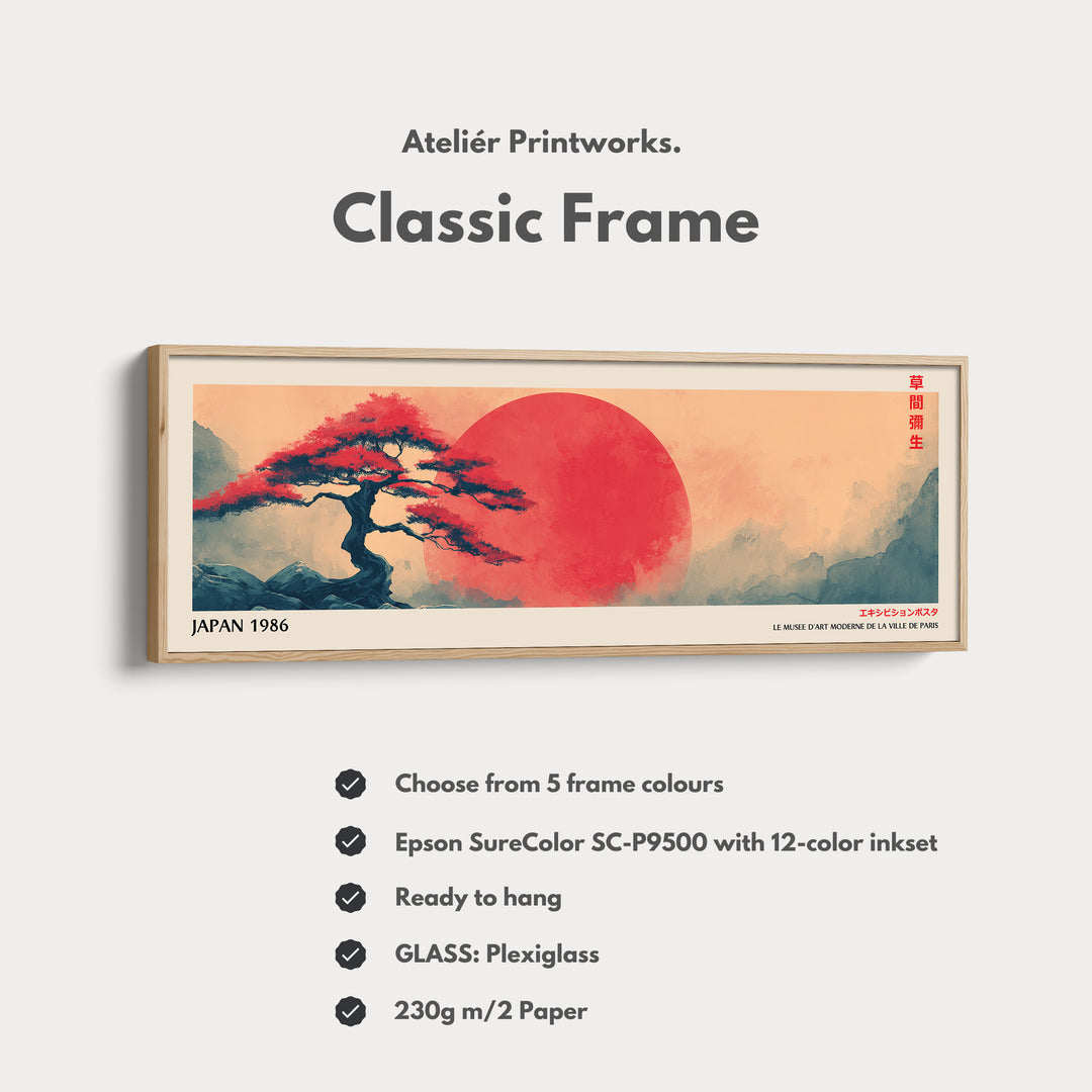 Red Sun and Bonsai – Long Narrow Japandi Wall Art Japanese Tree Landscape Canvas