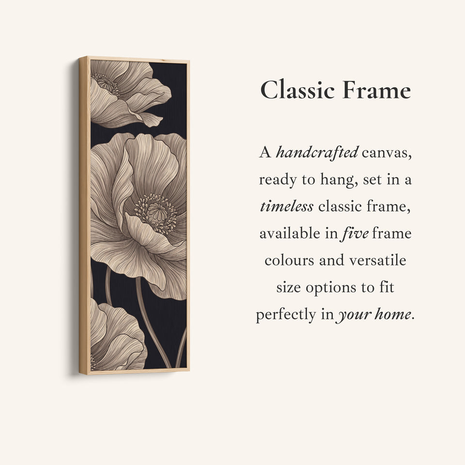 Corner detail of the Vertical Wall Art Line Drawn Poppies on Black for Living Room canvas in a classic frame