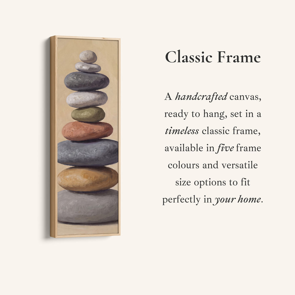 Corner detail of the Stacked Stones Tall Wall Art for Bedroom Calm Neutral Canvas canvas in a classic frame
