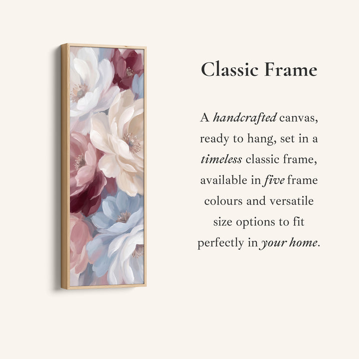 Corner detail of the Soft Romantic Peonies Tall Narrow Wall Art for Bedroom canvas in a classic frame