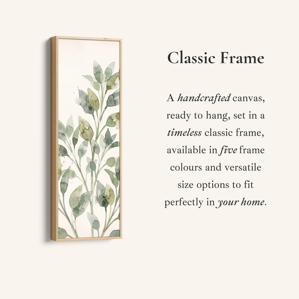 Corner detail of the Hallway Wall Art Long Narrow Watercolor Leaf Stems canvas in a classic frame