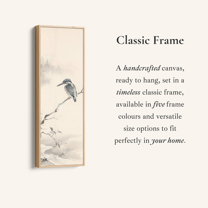 Corner detail of the Tall Wall Art Kingfisher on a Branch Japanese Ink Style for Office canvas in a classic frame