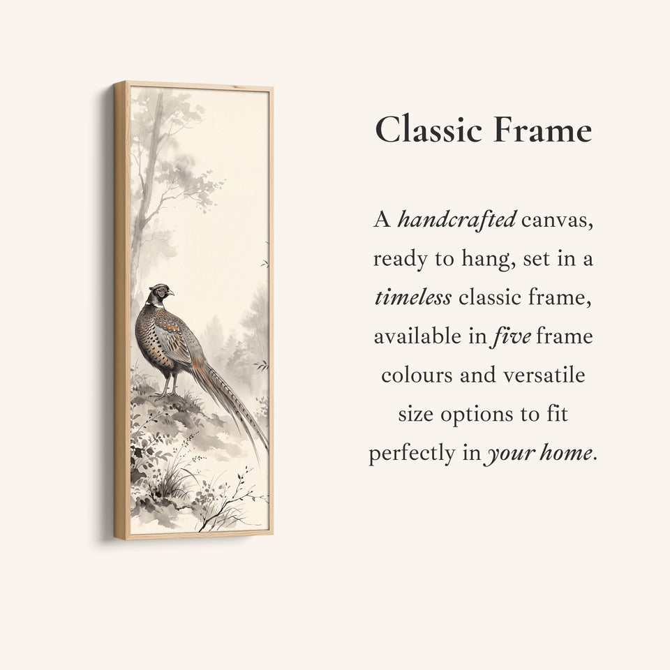 Corner detail of the Pheasant in the Mist Vertical Wall Art Japanese Ink Style for Hallway canvas in a classic frame