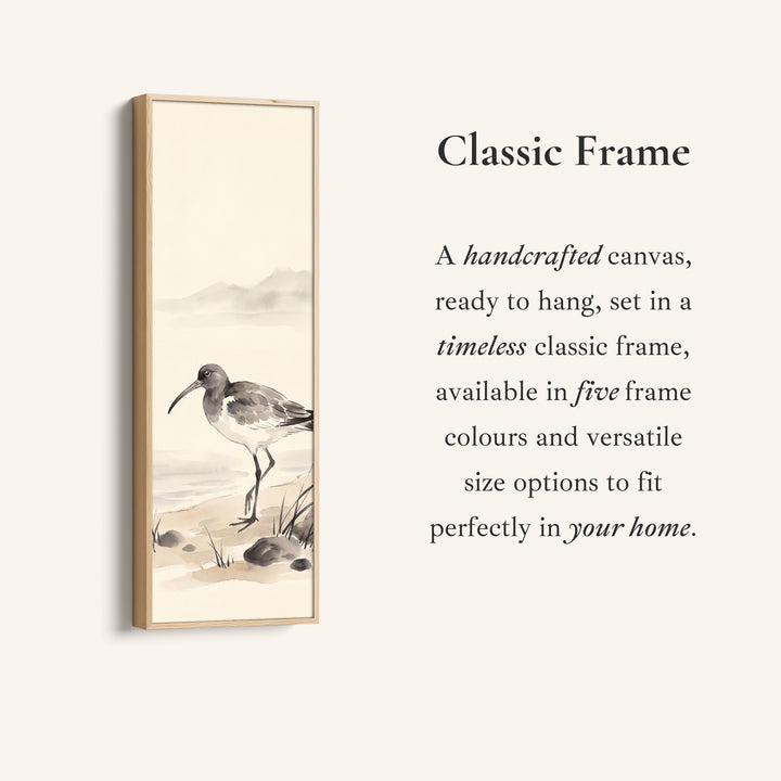 Corner detail of the Quiet Coastal Curlew on the Shore Tall Narrow Wall Art for Bedroom canvas in a classic frame