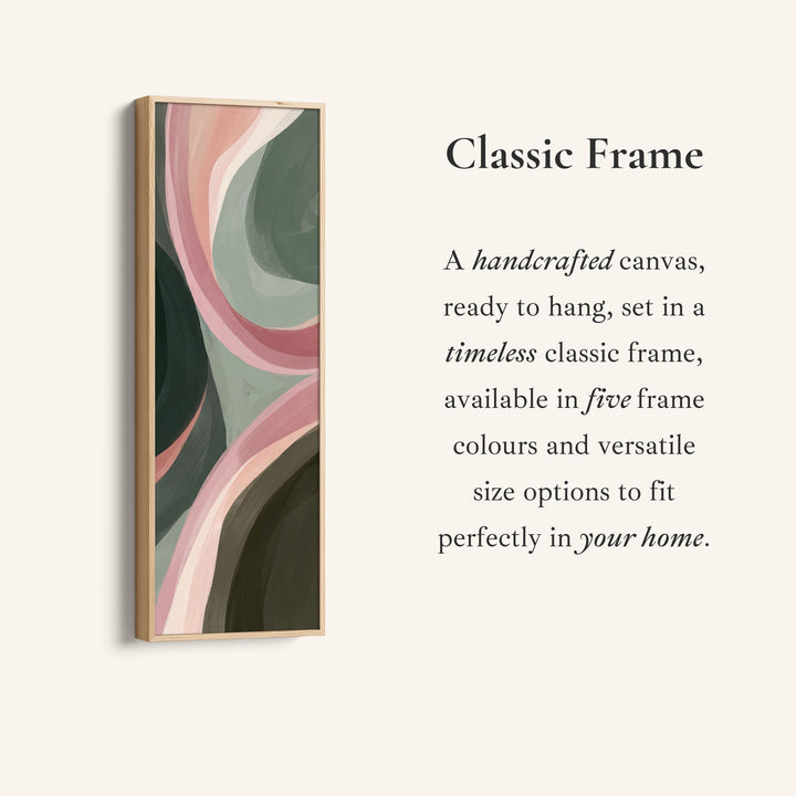Corner detail of the Tall Narrow Wall Art Flowing Pink and Sage Abstract Curves for Bedroom canvas in a classic frame