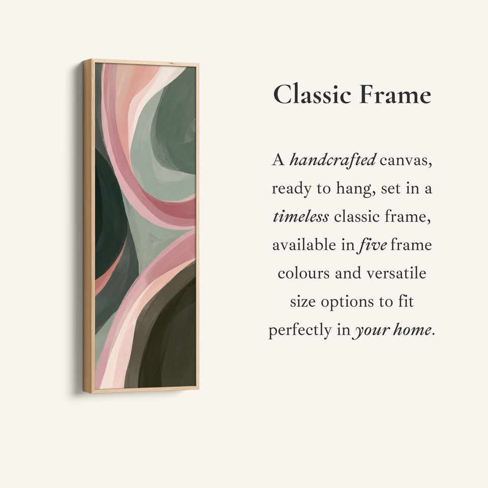 Corner detail of the Tall Narrow Wall Art Flowing Pink and Sage Abstract Curves for Bedroom canvas in a classic frame