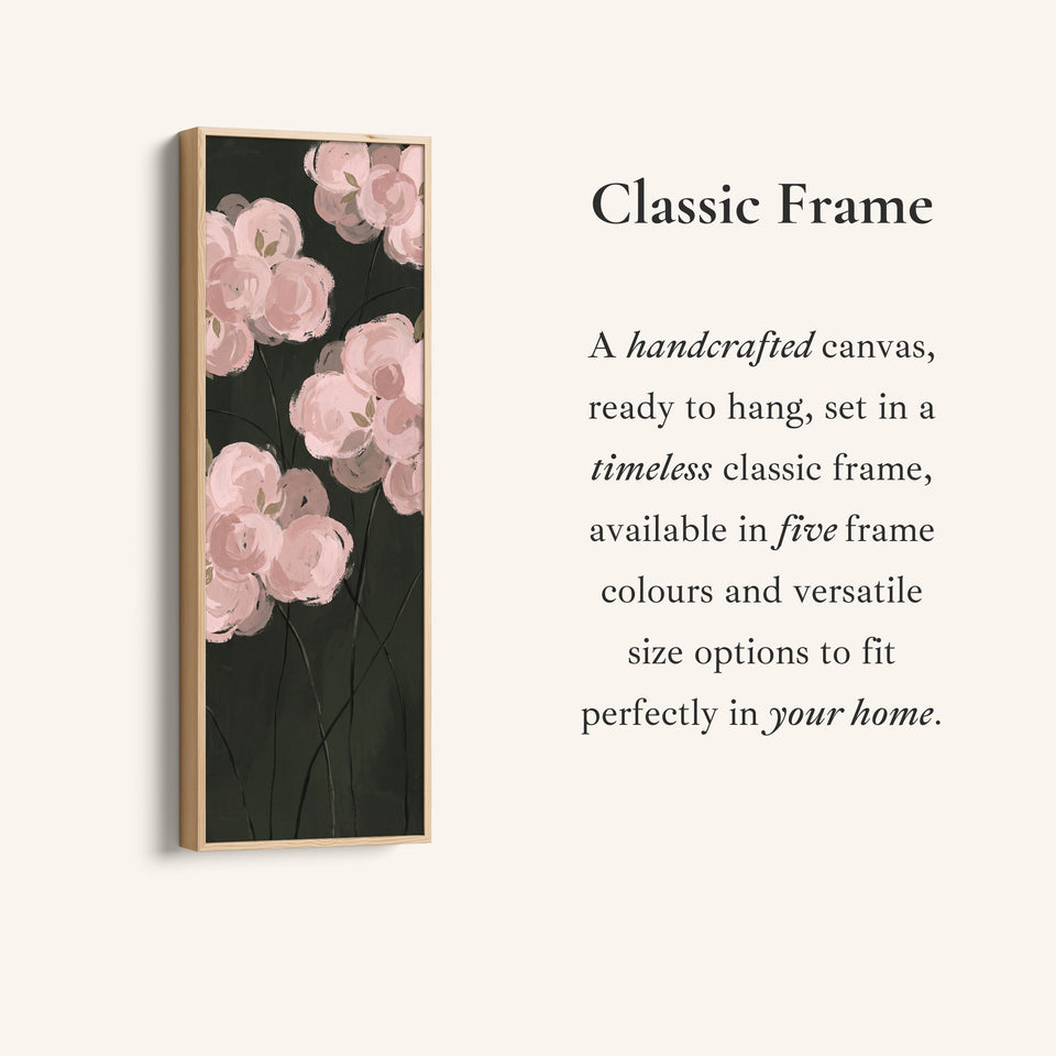 Corner detail of the Bedroom Wall Art Tall Narrow Pink Roses on a Dark Background canvas in a classic frame