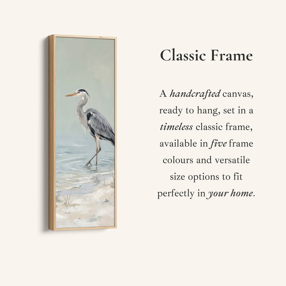 Corner detail of the Grey Heron Wading Tall Wall Art Coastal Canvas for Living Room canvas in a classic frame